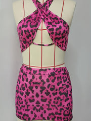 Leopard 2pc Cosplay Set Halter Top & Bodycon Skirt Outfit Women's Clothing