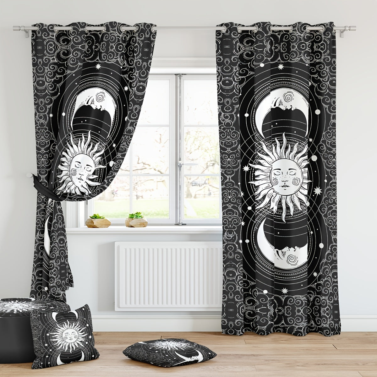 2pcs Sun Moon Print Curtain Window Curtain For Home Decoration