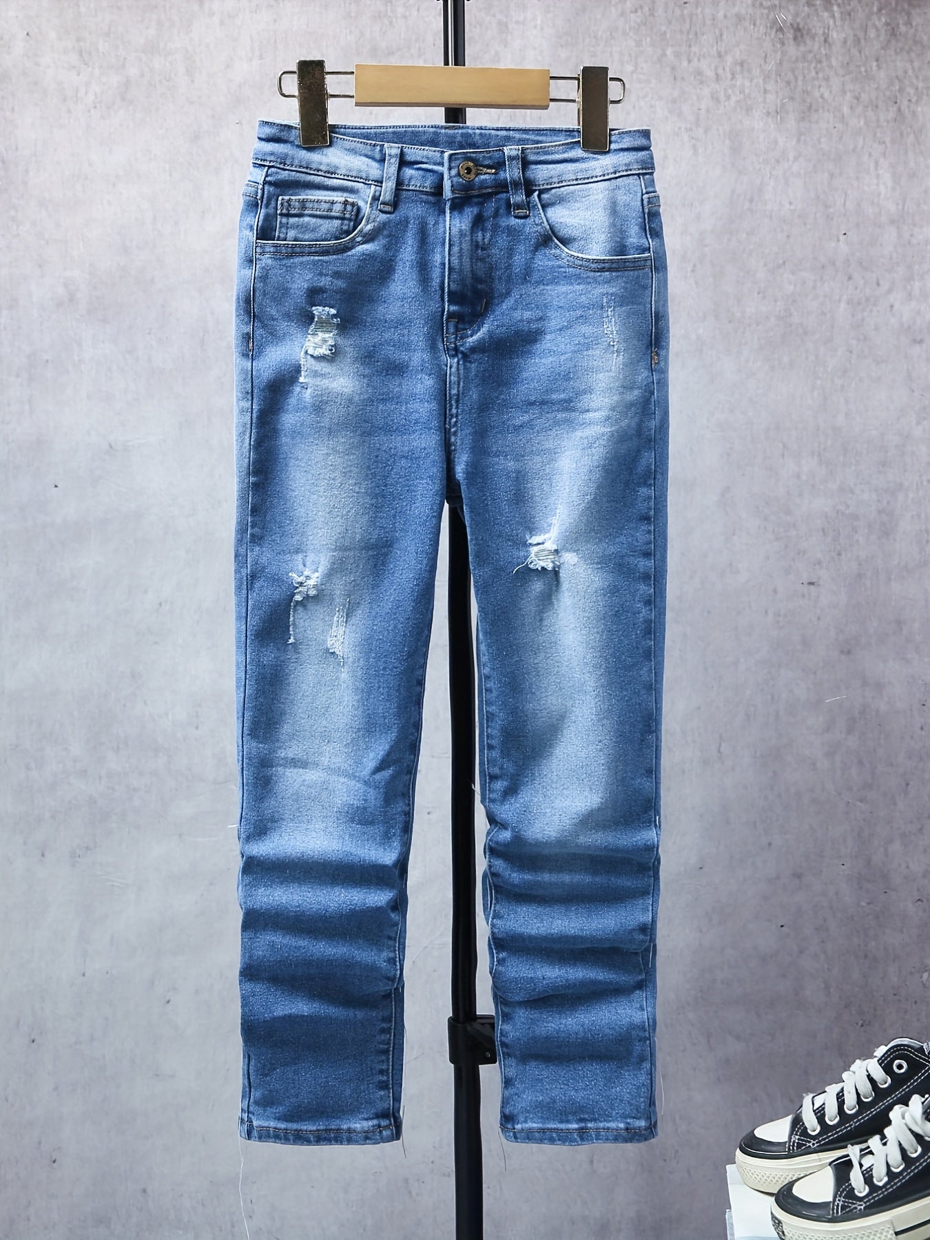 Boys Casual Rip Jeans Straight Leg Stretch Slim Fit Denim Pants
