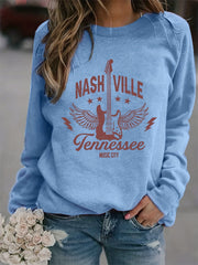 Nashville Print Sweatshirt Long Sleeve Crew Neck Casual Women's Clothing