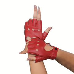 Punk Short Finger Gloves Peach Heart Hollow PU Leather Non-slip