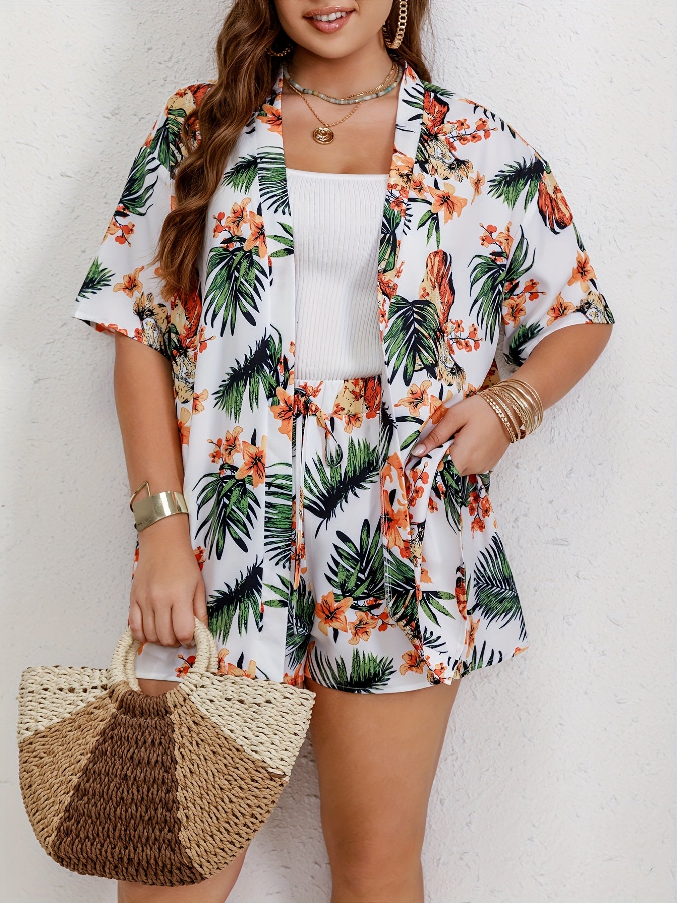 Women's Plus Tropical Print Shirt & Shorts Set