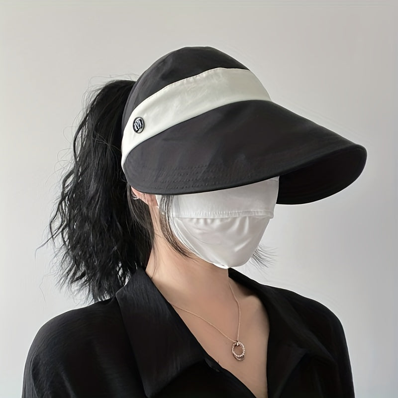 Ponytail Block Bucket Hat Wide Brim UV Protection Sun Hat Lightweight Summer