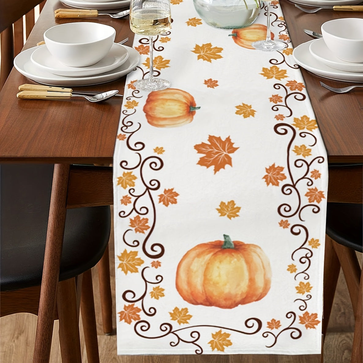 Thanksgiving Pumpkin Maple Leaves Border Table Runner