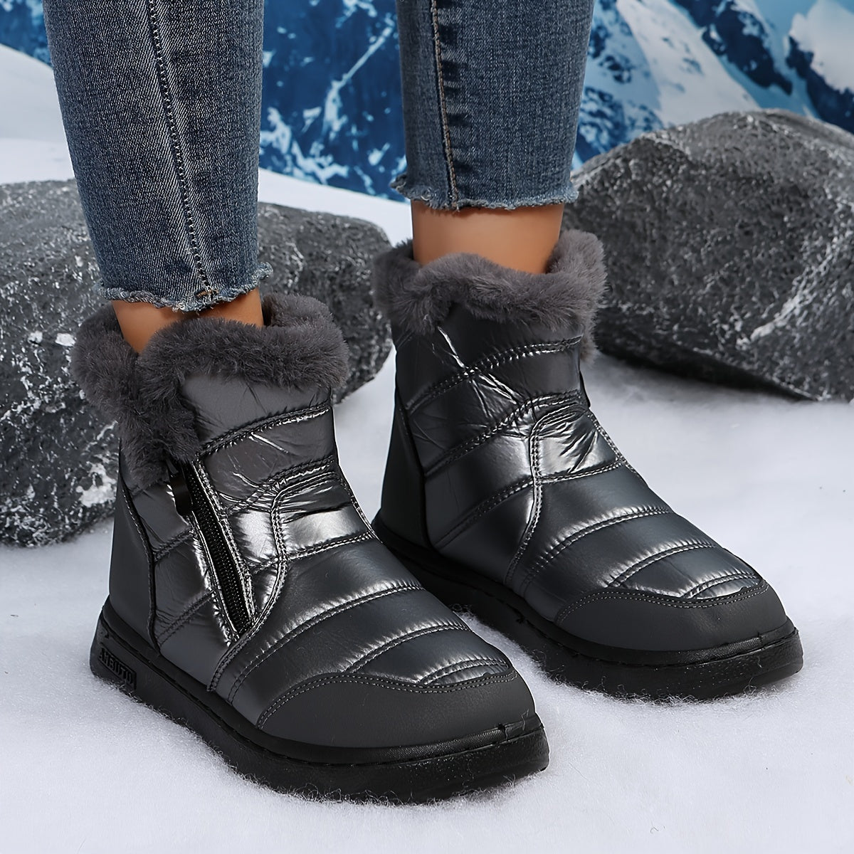Women's Reflective Snow Boots Plush Lined Thermal Waterproof Rain Shoes