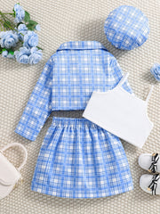Girl's 4pcs Plaid Blazer & Beret Hat Set