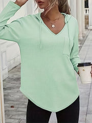 Solid Waffle Hoodies V Neck Sweatshirt With Drawstring