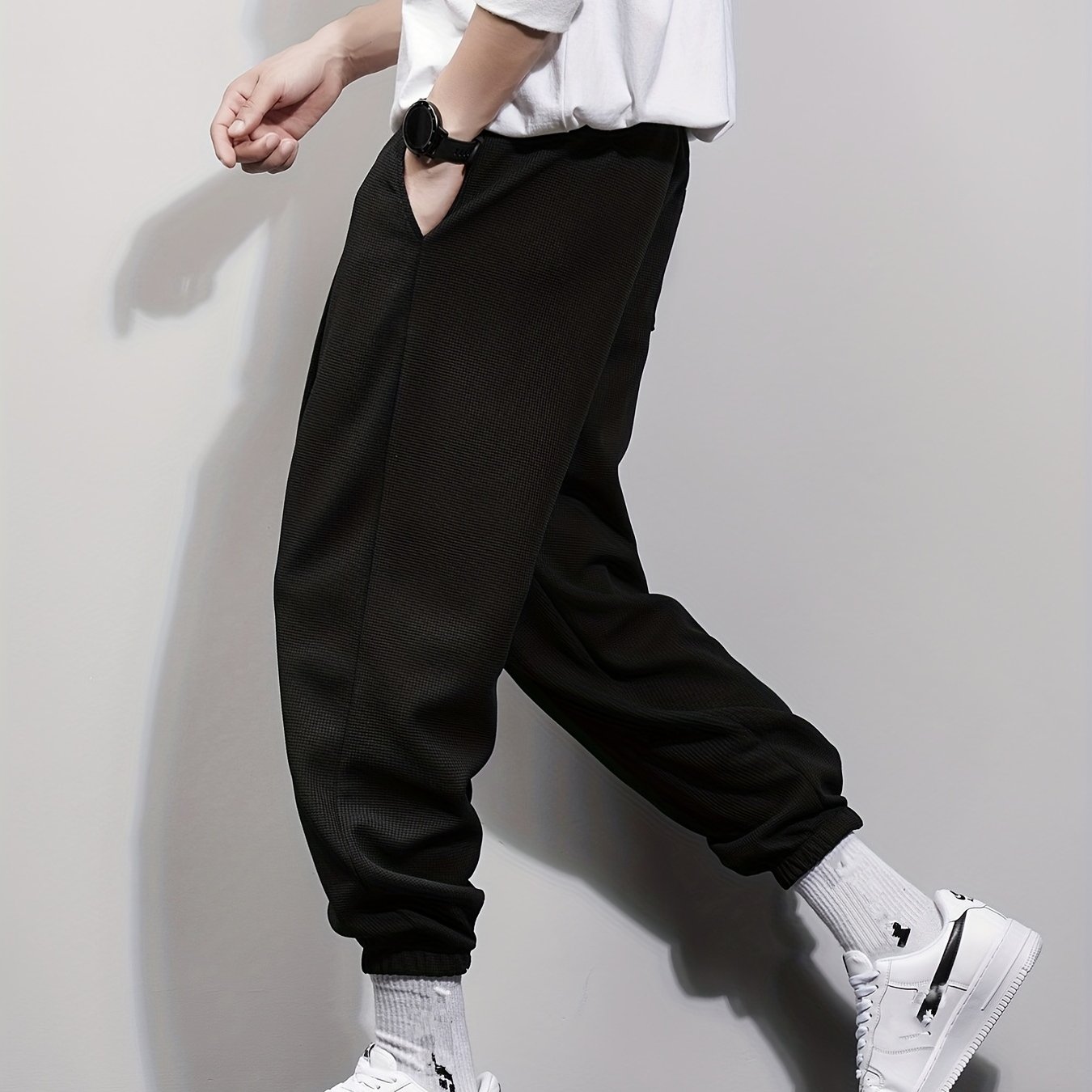 Men's Drawstring Button Wrinkle Pocket Sweatpants Loose Jogger Pants