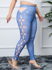 Geometric & Denim Print High Rise Skinny Leggings