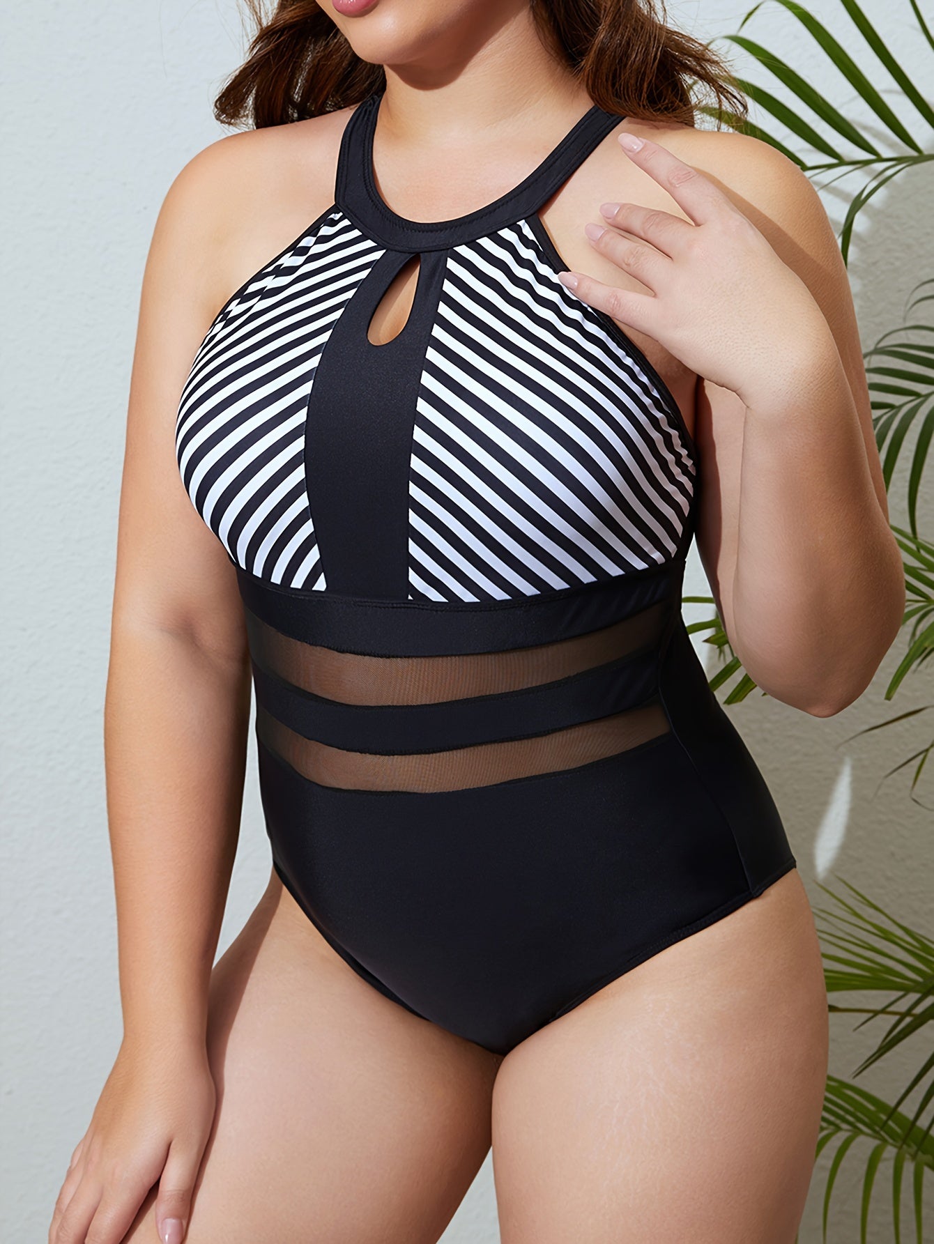 Sexy Swimsuit Colorblock Striped Print Contrast Mesh One Piece