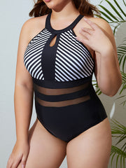 Sexy Swimsuit Colorblock Striped Print Contrast Mesh One Piece