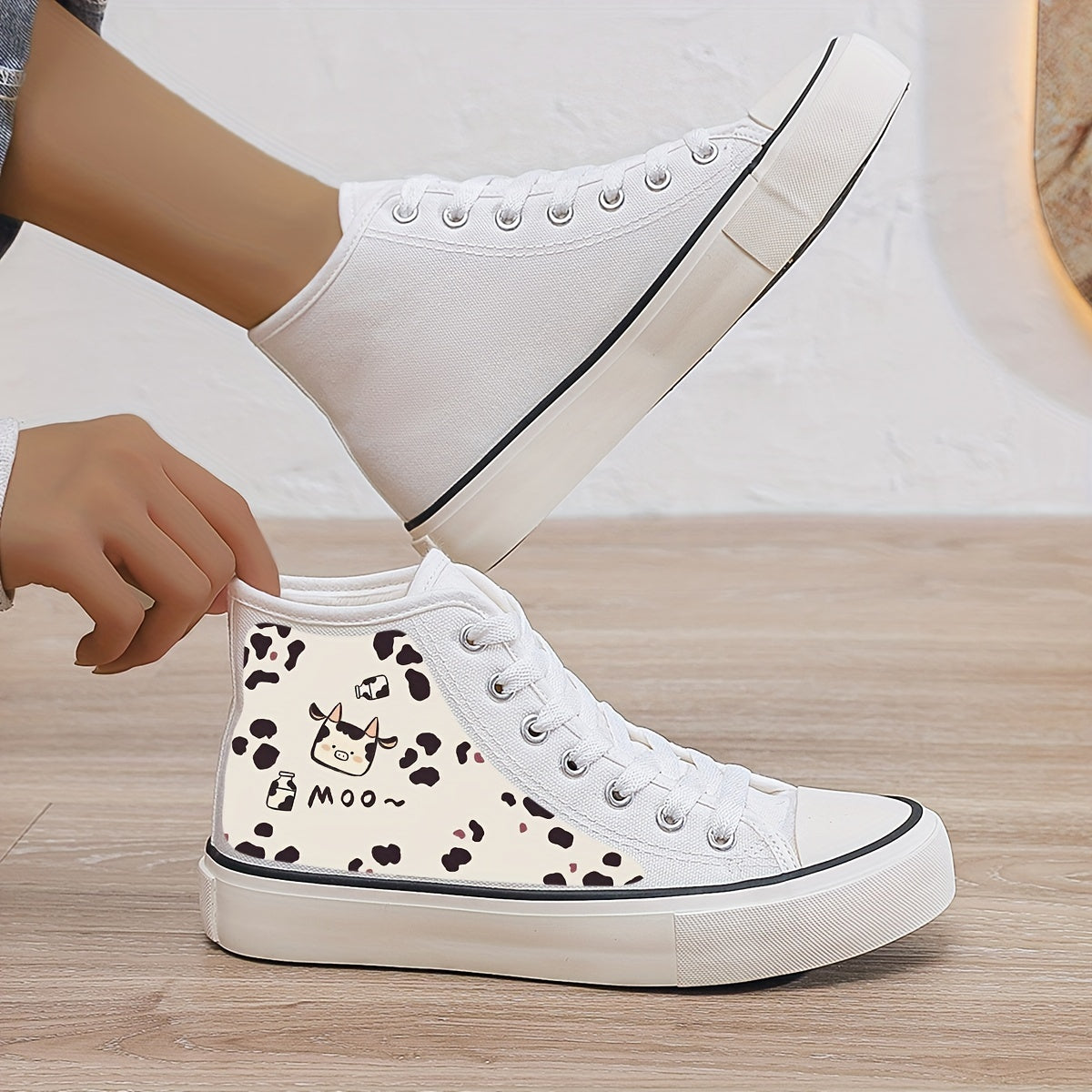 Cow Print Plush Lined Thermal Chunky Canvas Sneakers