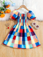 Girls Shirred Puff Sleeve Colorful Plaid Party Dress Kids Summer Clothes