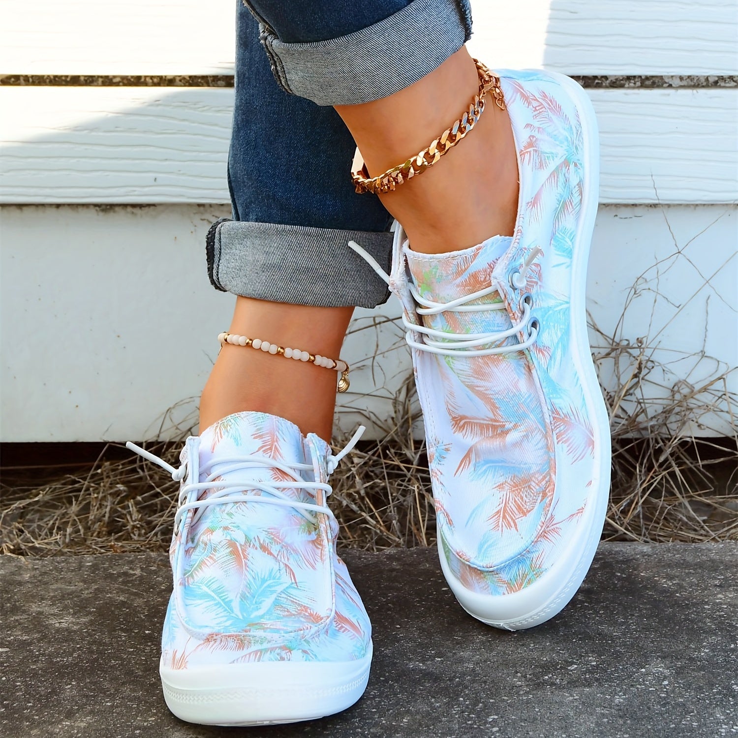 Women's Colorful Coconut Tree Pattern Boat Shoes Lace Up Anti Slip Flat Shoes