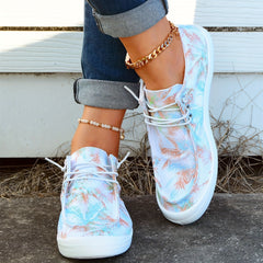 Women's Colorful Coconut Tree Pattern Boat Shoes Lace Up Anti Slip Flat Shoes