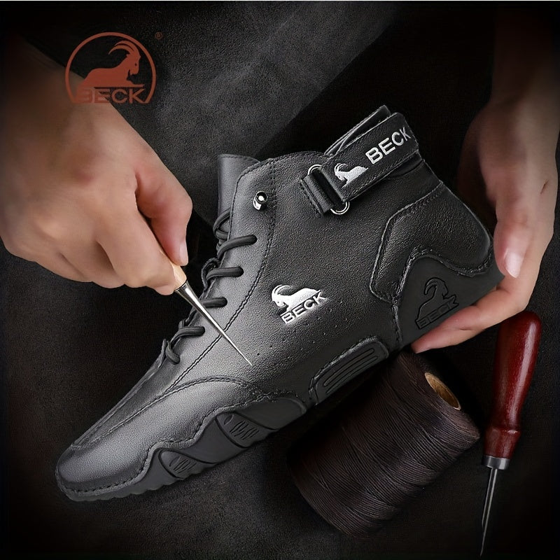 Men's Lace up Boots Casual Leather Walking Shoes With Hook And Loop