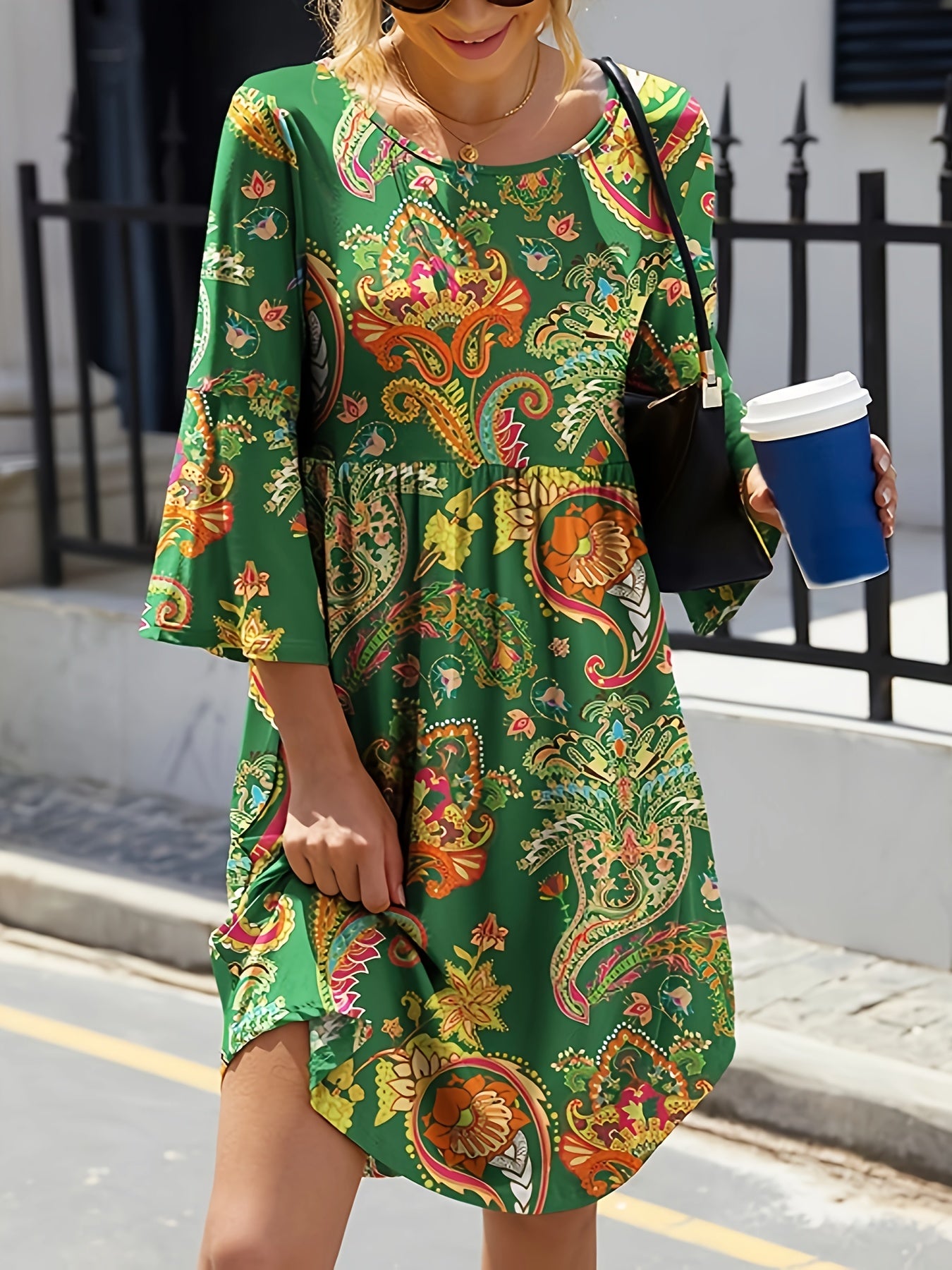 Boho Plus Size Paisley Print Bell Sleeve Dress
