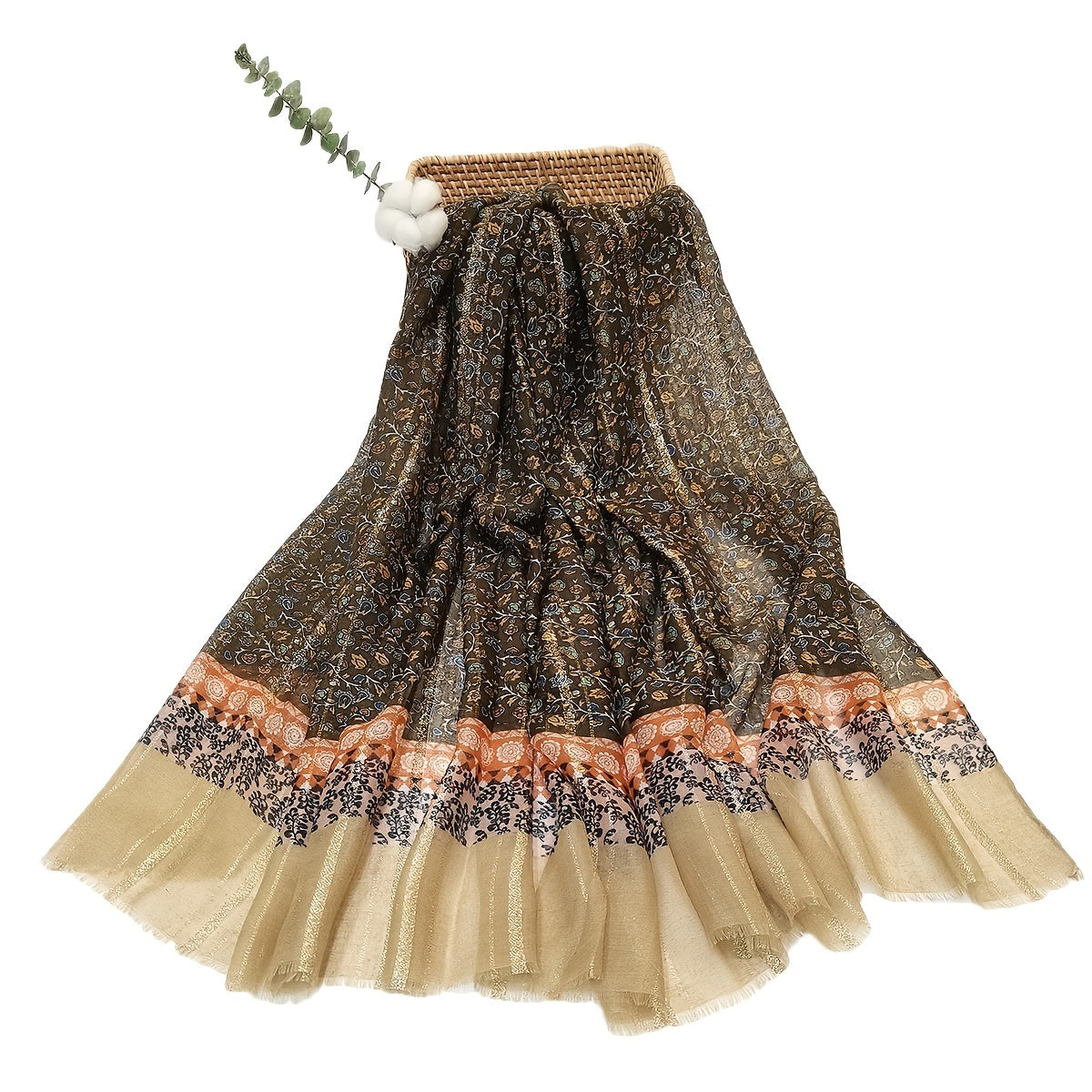 Brown Vintage Scarf Boho Floral Print Voile Shawl Frayed Edge Head Wrap