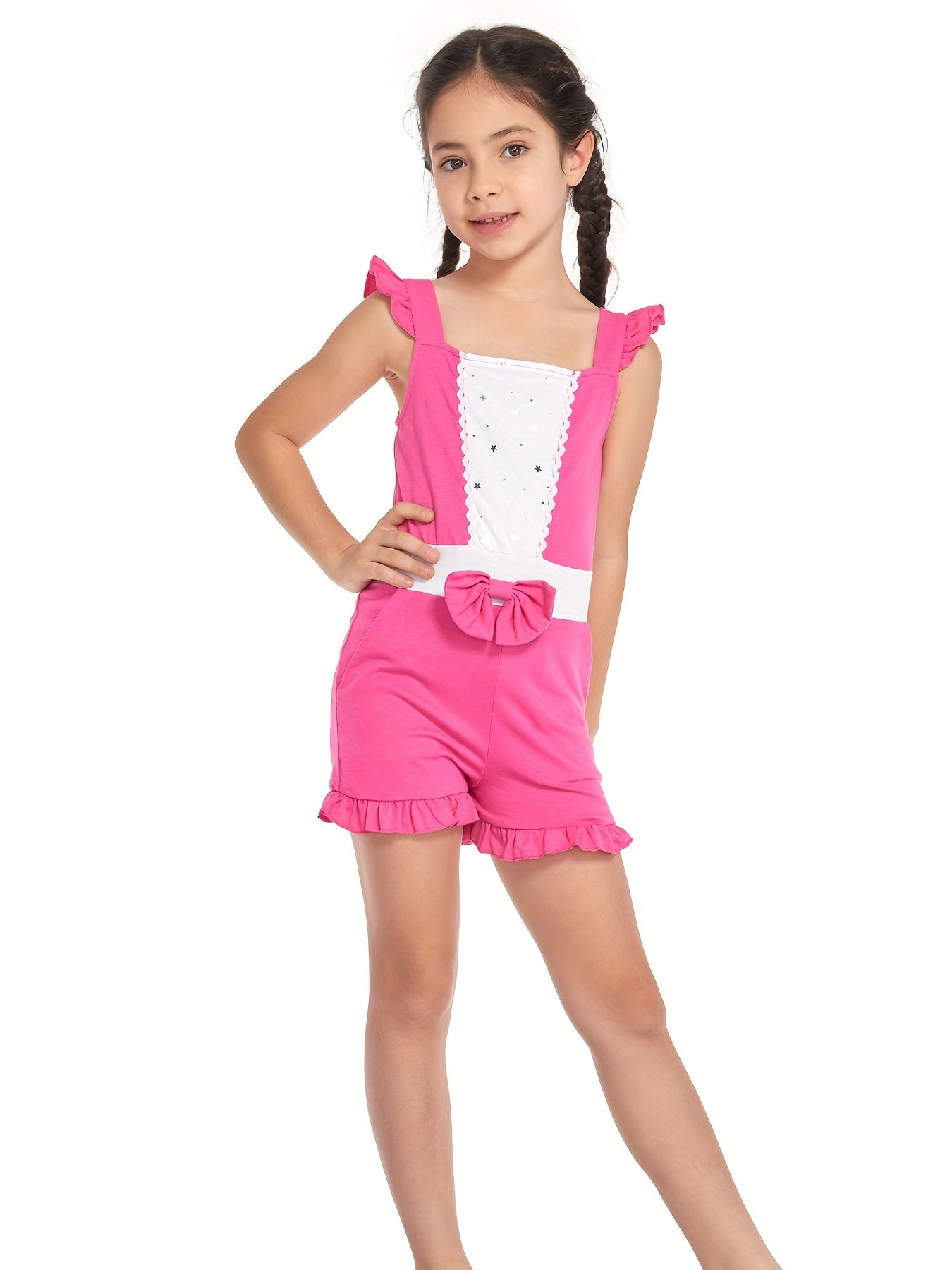 Girls Princess Ruffle Sleeve Jumpsuit With Bow Romper