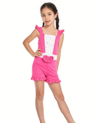 Girls Princess Ruffle Sleeve Jumpsuit With Bow Romper