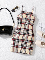 Plaid Print Square Neck Spaghetti Strap Bodycon Dress
