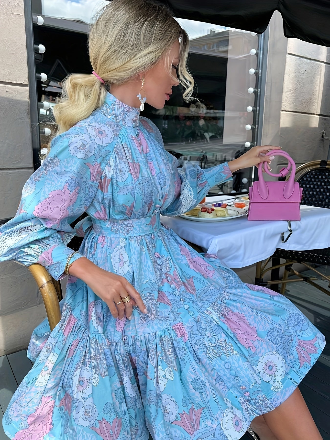Floral Print Button Front Dress Pleated Long Sleeve High Collar Summer Dress