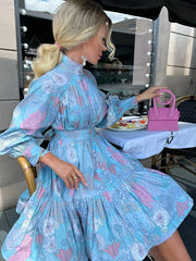 Floral Print Button Front Dress Pleated Long Sleeve High Collar Summer Dress