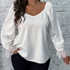 Contrast Lace Sleeve V Neck Blouse