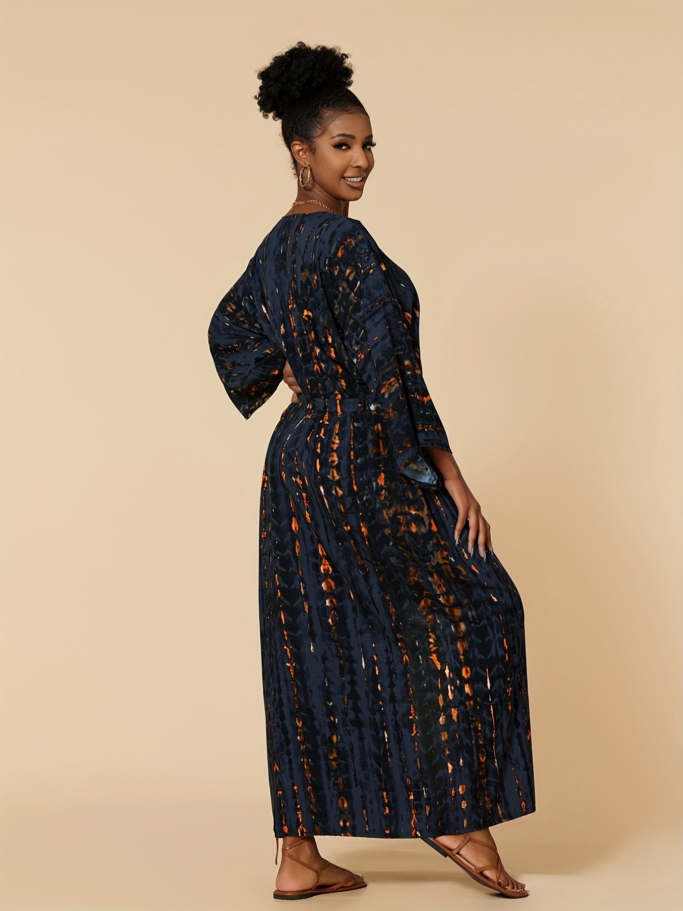 Casual Cover Up Women's Plus Print Long Sleeve V Neck Cover Up