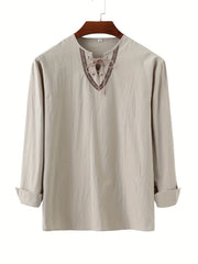 Men's Retro Casual Drawstring V Neck Long Sleeve Shirt