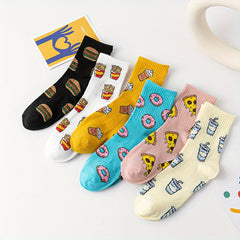 6 Pairs Cartoon Food Print Socks & Funny Mid Tube Socks Women's Stockings