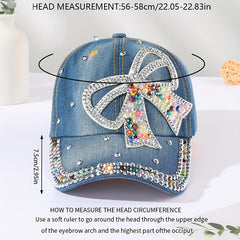 Rhinestone Bow Patch Baseball Cap Denim Washed Distressed Dad Hat