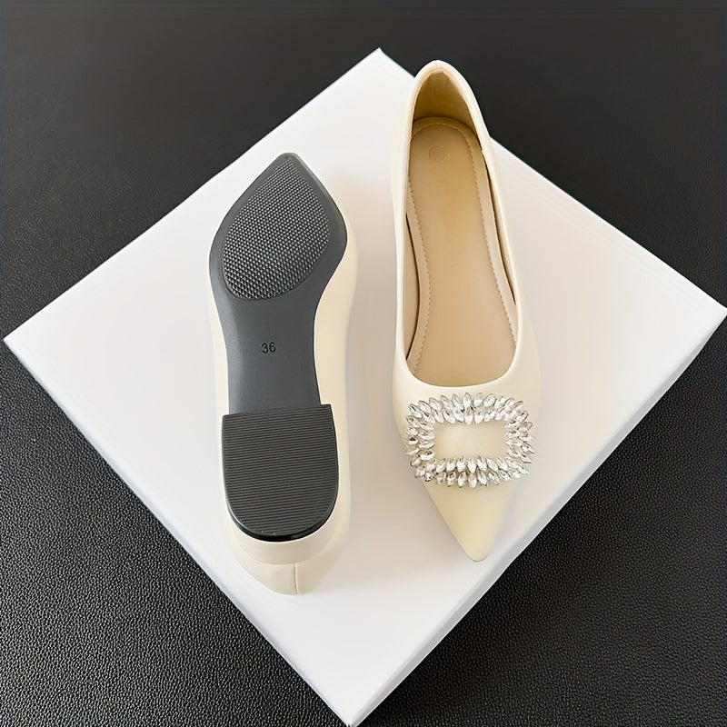 Women's Rhinestone Decor Slip On Low Point Toe Block Heel Glitter Shoes