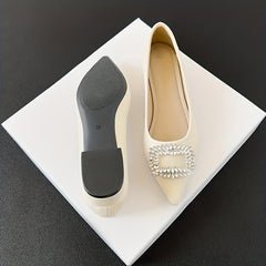 Women's Rhinestone Decor Slip On Low Point Toe Block Heel Glitter Shoes