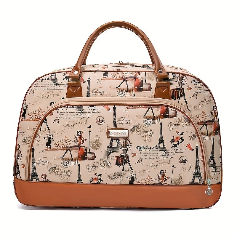 Vintage Printed Travel Handbag Large Capacity Weekender Overnight Bag