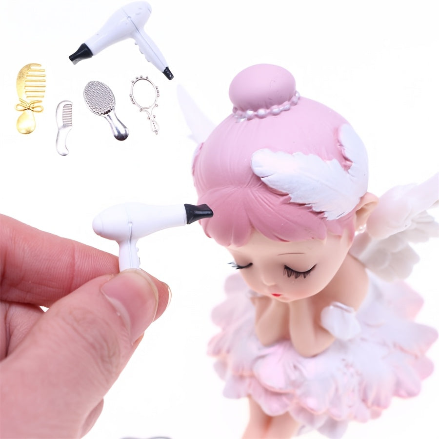 Alloy Dollhouse Hairdressing Set with Comb, Mirror, Dryer & Brush