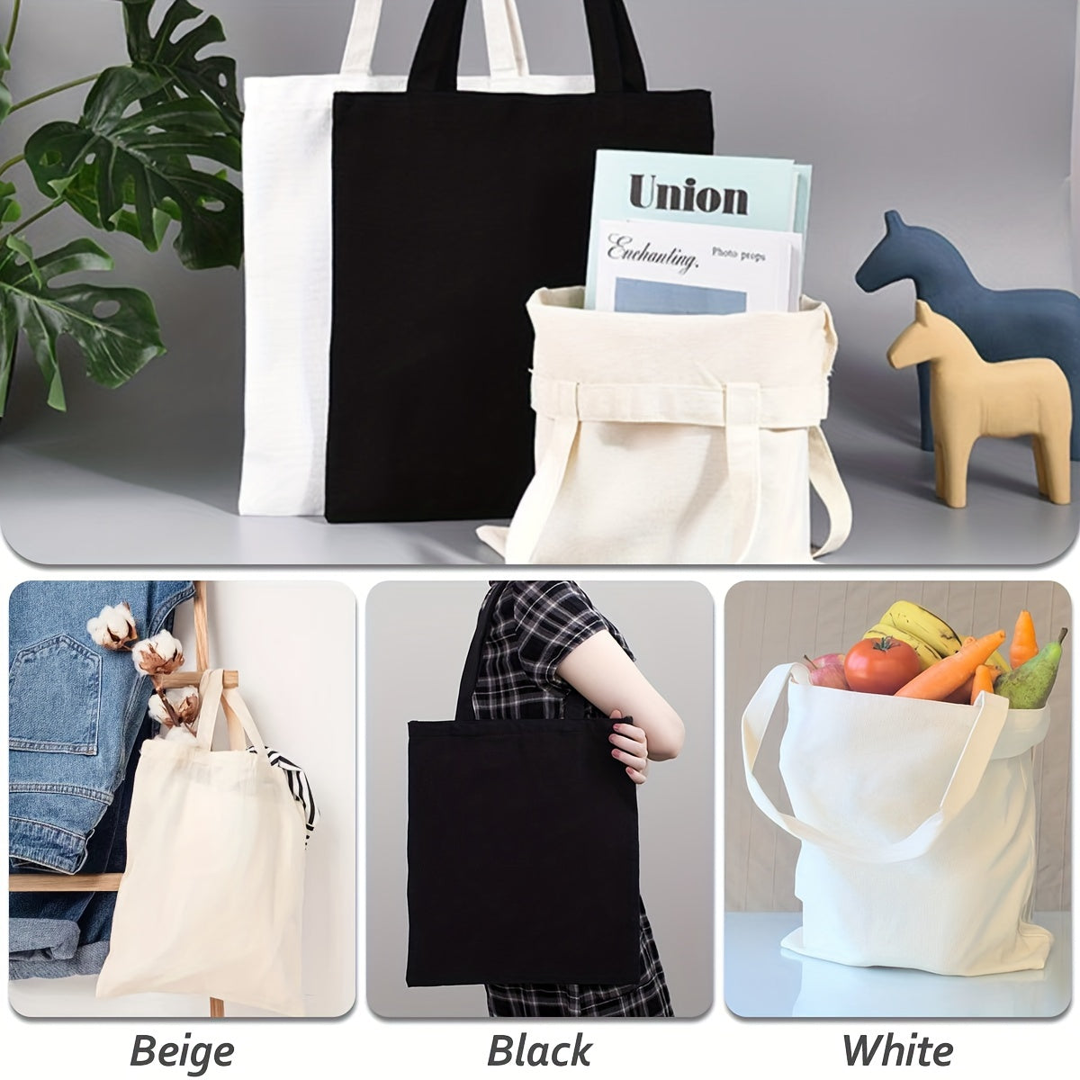 3pcs Canvas Tote Bag Foldable Reusable Handbag