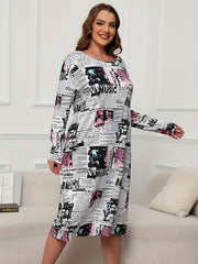 Newspaper Print Long Sleeve Round Neck Loose Nightdress