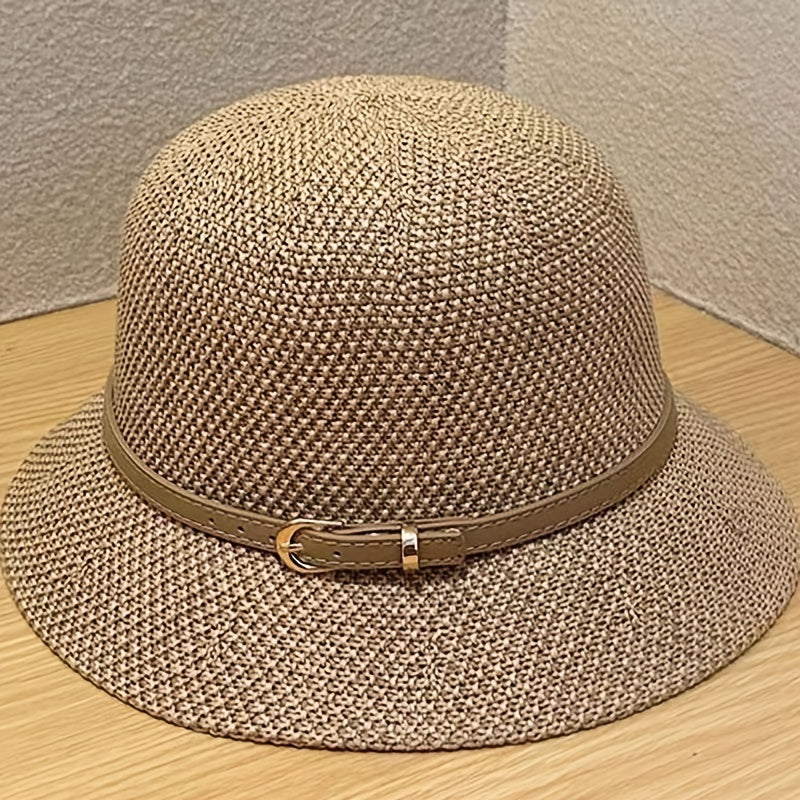 Hollow Crochet Bucket Hat Belt Decor Casual Sunscreen Basin Hat