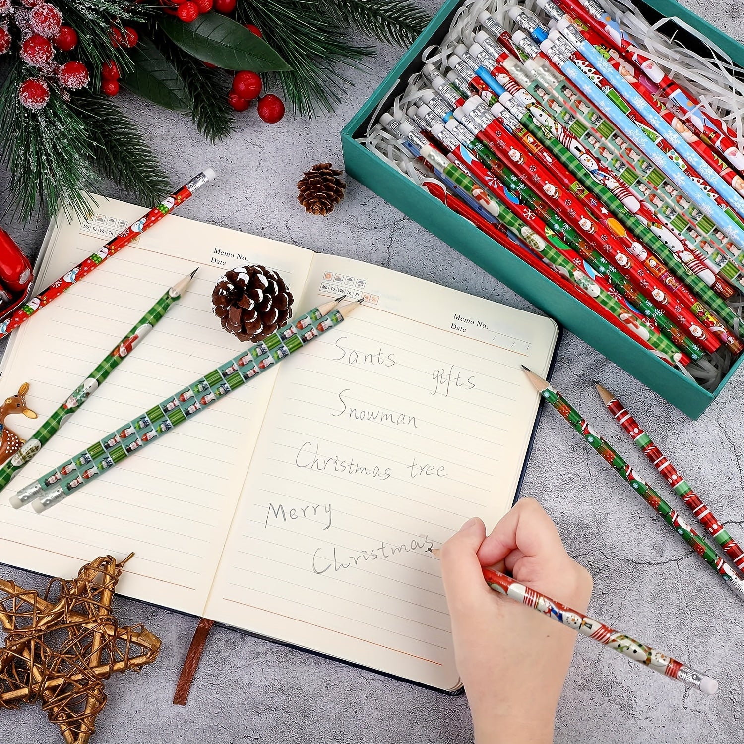 48pcs Christmas Pencils Xmas Wood Pencils With Eraser Snowman Santa Claus Candy