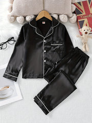 Boys 2pcs Pajamas Top & Pants Silver Solid Print Button Front PJ Set