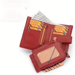 Women's Red Leather Bifold Wallet RFID Zipper Snap Closure