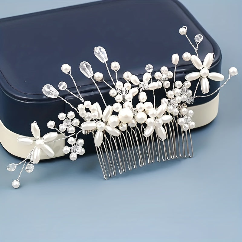 Bride Silver Wedding Hair Comb Hair Pieces Clip Pearl Rhinestones Crystal