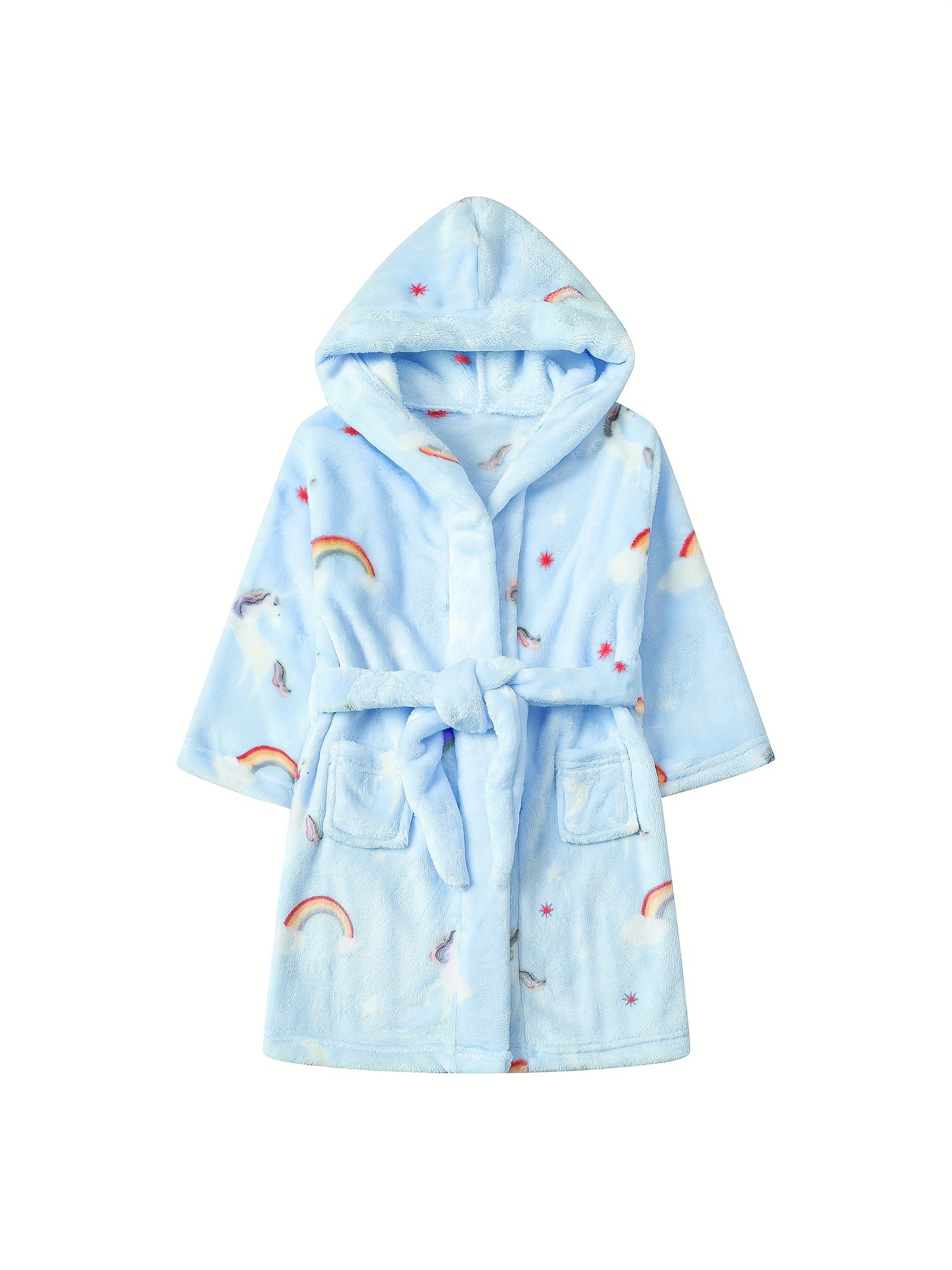 Girls Unicorn Rainbow Hooded Bathrobe Soft Warm Pockets Belt Robe Pyjamas