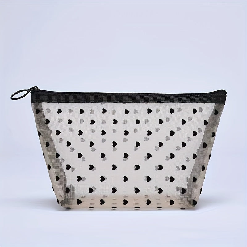 Heart Zipper Mesh Cosmetic Bag Portable Toiletry Bag For Women Girls