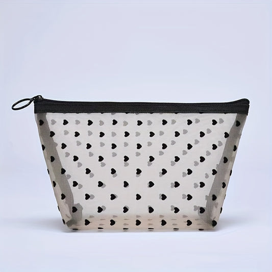 Heart Zipper Mesh Cosmetic Bag Portable Toiletry Bag For Women Girls