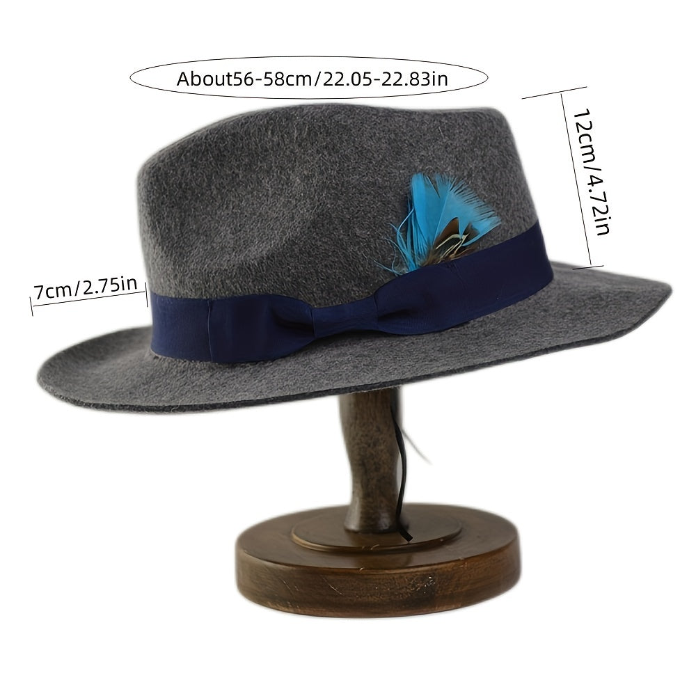 Wool Fedora Hat with Bow Band and Feathers Wide Brim Felt Hat