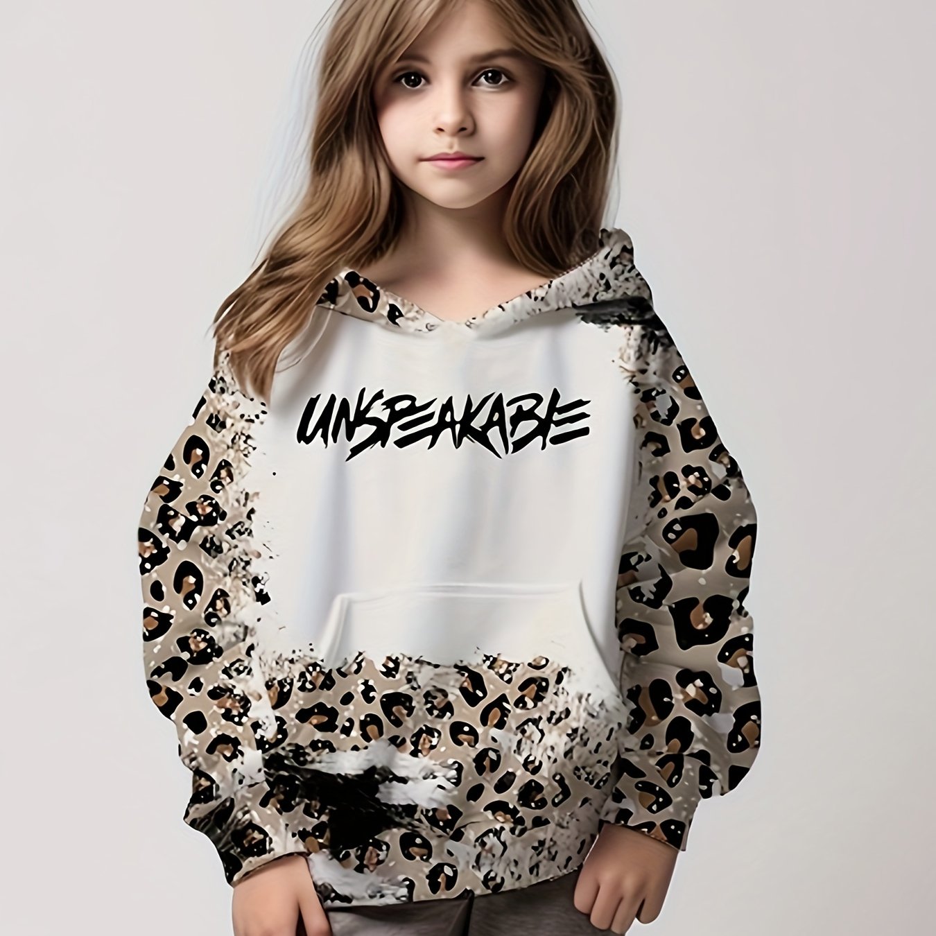 Leopard Print Letter Graphic Hoodies Girls Comfy Pocket Pullover Kids Clothes