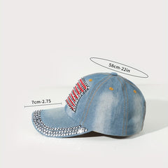Rhinestone Flag Embroidery Baseball Cap Denim Y2K Hip Hop Sports Hat