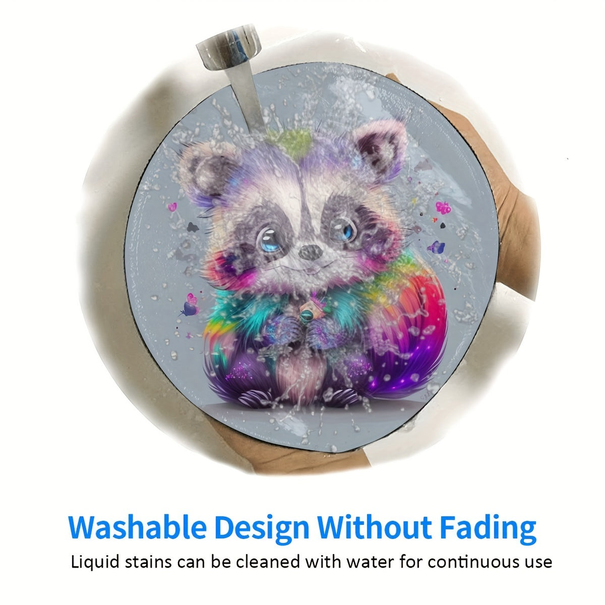 Rainbow Raccoon Mouse Pad Round Non Slip Rubber Base Mousepad